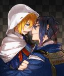  2boys anger_vein aqua_eyes blonde_hair blue_eyes blue_hair checkered checkered_background hood incipient_kiss japanese_clothes mikazuki_munechika multiple_boys sayagata smile touken_ranbu verus yamanbagiri_kunihiro yaoi 