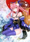  1girl animal_ears bare_shoulders blue_legwear bow breasts caster_(fate/extra) cleavage detached_sleeves fate/extra fate_(series) fox_ears fox_tail hair_bow hair_ribbon japanese_clothes long_hair looking_at_viewer pink_hair ribbon sitting solo tail thigh-highs twintails water yellow_eyes 