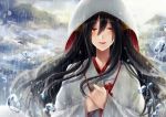  1girl animal_ears black_hair blush clouds cloudy_sky crying eyes_visible_through_hair floating_hair fox fox_ears hands_together japanese_clothes kimono lips long_hair long_sleeves looking_at_viewer orange_eyes original parted_lips rain red_lips sae_(091688) sky smile sunlight teardrop tears uchikake upper_body water_droplets white_kimono wide_sleeves 