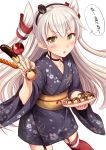  1girl amatsukaze_(kantai_collection) candy_apple chocolate_banana feesu_(rinc7600) hair_tubes hairband highres hot_dog japanese_clothes kantai_collection kimono long_hair looking_at_viewer red_legwear solo takoyaki thigh-highs translation_request twintails white_hair wide_sleeves yukata 