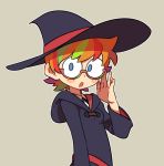  1girl ammonio blue_eyes freckles glasses hat little_witch_academia lotte_yanson multicolored_hair orange_hair solo witch witch_hat 