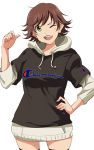  1girl 71 brown_hair honda_mio hoodie idolmaster idolmaster_cinderella_girls one_eye_closed short_hair simple_background smile solo 