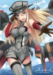  1girl artist_name bare_shoulders battleship bismarck_(kantai_collection) blonde_hair blue_eyes blue_sky breasts character_name chestplate detached_sleeves gloves hand_on_headwear hat kantai_collection long_hair looking_at_viewer military military_hat military_uniform ocean outstretched_arm peaked_cap sakiyamama ship sky solo thigh-highs uniform warship 