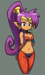  1girl absurdres bandeau blue_eyes bracer breasts choker cleavage cowboy_shot cropped_legs dark_skin earrings forehead_jewel grey_background highres holding_arm hoop_earrings jewelry long_hair makoto_yabe navel official_art pointy_ears ponytail purple_hair shantae shantae_(character) shantae_and_the_pirate&#039;s_curse simple_background solo tiara very_long_hair vest 