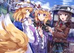  3girls black_hair blonde_hair blue_sky bow brown_eyes capelet clouds coat dress e.o. fox_tail hat hat_bow hat_with_ears long_sleeves maribel_hearn mob_cap multiple_girls multiple_tails sash sky tabard tail touhou town usami_renko violet_eyes white_dress wide_sleeves yakumo_ran yellow_eyes 