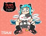  1girl animal_ears artist_name blue_hair blush_stickers cat cat_ears english eyebrows heart heart-shaped_pupils inkling jajji-kun_(splatoon) pink_eyes pointy_ears sami_(artist) scratching_chin smile splatoon symbol-shaped_pupils tentacle_hair thick_eyebrows 