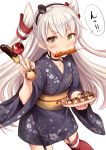  1girl amatsukaze_(kantai_collection) candy_apple chocolate_banana feesu_(rinc7600) food_in_mouth hair_tubes hairband highres hot_dog japanese_clothes kantai_collection kimono long_hair looking_at_viewer mouth_hold red_legwear solo takoyaki thigh-highs translation_request twintails white_hair wide_sleeves yukata 