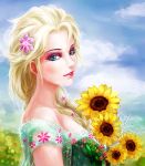  1girl blonde_hair blue_eyes braid elsa_(frozen) eykihan flower frozen_(disney) frozen_fever hair_flower hair_ornament single_braid sky solo sunflower upper_body 