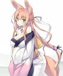  1girl animal_ears bare_shoulders blush braid breasts cleavage expressionless fox_ears fox_tail green_eyes hip_vent japanese_clothes kimono large_breasts long_hair looking_at_viewer momoyama_tsutsune off_shoulder original pink_hair poco_(asahi_age) solo tail wide_sleeves 