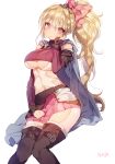  1girl bangs belt blonde_hair boots breasts buckle cape chaps detached_sleeves gem hand_on_own_face head_tilt large_breasts long_hair looking_at_viewer navel original pants pants_under_skirt ponytail simple_background skirt solo sorolp text thigh-highs thigh_boots tiara under_boob white_background 