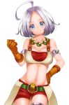  1girl absurdres ahoge armlet belt blue_eyes brown_gloves clenched_hand cowboy_shot crop_top dragon_quest dragon_quest_x gloves hand_on_hip highres jewelry midriff navel necklace riin_(dq) short_hair shorts silver_hair smile solo standing white_background yupiteru 