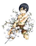  1boy bandaid barefoot black_hair brown_eyes half-closed_eyes kneeling looking_at_viewer male_focus marker_(medium) millipen_(medium) noeyebrow_(mauve) original shirtless short_hair shorts solo traditional_media white_background 