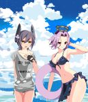  2girls absurdres blush breasts character_name clouds groin hand_behind_head hand_on_own_chest highres kantai_collection mechanical_halo multiple_girls navel purple_hair sea_spray short_hair smile t-shirt tatsuta_(kantai_collection) tenryuu_(kantai_collection) violet_eyes water 