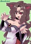  1girl animal_ears breasts brooch brown_hair cleavage collarbone dress fangs fighting_stance fingernails green_background ichigatsu_toshikazu imaizumi_kagerou jewelry large_breasts long_hair long_sleeves looking_at_viewer messy_hair off_shoulder open_mouth red_eyes sharp_fingernails simple_background solo tail touhou twitter_username wide_sleeves wolf_ears wolf_tail 