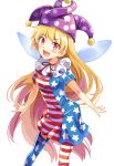  &gt;:d 1girl :d american_flag_dress american_flag_legwear blonde_hair blush clownpiece e.o. fairy_wings hat highres jester_cap long_hair looking_at_viewer open_mouth red_eyes smile solo touhou very_long_hair wide-eyed wings 