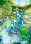  1girl adjustable_wrench arm_on_head backpack bag blue_eyes blue_hair blueprint blurry boots cattail depth_of_field dragonfly flat_cap forest hair_bobbles hair_ornament hat highres icl kawashiro_nitori light_smile looking_at_viewer nature plant rubber_boots short_hair short_sleeves sitting_on_rock skirt skirt_set solo stream touhou twintails 