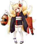  1girl animal_ears artist_request bell blonde_hair chouchin_obake flower fox_ears fox_tail hair_bell hair_flower hair_ornament inari_(sennen_sensou_aigis) japanese_clothes karakasa_obake kimono lantern multiple_tails official_art paper_lantern red_eyes ribbon-trimmed_legwear ribbon_trim sash sennen_sensou_aigis short_hair smile tail thigh-highs transparent_background umbrella youkai 