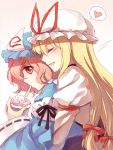  2girls blonde_hair bow breasts dress eating from_behind hair_bow hat hug hug_from_behind japanese_clothes lilith_(lilithchan) long_hair multiple_girls open_mouth pink_eyes pink_hair saigyouji_yuyuko short_hair smile tabard touhou triangular_headpiece violet_eyes yakumo_yukari yogurt 