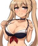  1girl bikini bikini_tan blush breasts brown_eyes don_(29219) hair_ornament hair_ribbon kantai_collection large_breasts light_brown_hair long_hair looking_at_viewer murasame_(kantai_collection) navel ribbon simple_background smile solo sweat swimsuit tan tanline twintails twitter_username upper_body white_background 