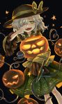  1girl bow fangs fingersmile floral_print green_eyes hair_over_one_eye halloween hat hat_bow jack-o&#039;-lantern knife komeiji_koishi long_sleeves looking_at_viewer seeker shirt silver_hair skirt solo star third_eye touhou wide_sleeves 