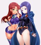  1girl 2girls akira_(natsumemo) bare_shoulders belt breasts cape dc_comics forehead_jewel gloves green_eyes grey_skin large_breasts leotard long_hair midriff multiple_girls navel open_mouth purple_hair raven_(dc) redhead short_hair simple_background smile starfire teen_titans thigh-highs violet_eyes 