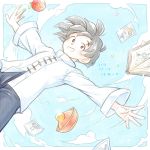  1boy apple bakusou_k black_eyes black_hair blue_sky book chinese_clothes dated dragon_ball dragon_ball_z food fruit hat hat_removed headwear_removed male_focus open_mouth outstretched_arms photo_(object) sky smile solo son_gohan son_gokuu 