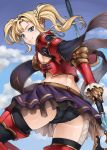  1girl ass bang-you black_legwear blonde_hair blue_eyes breasts granblue_fantasy highres looking_at_viewer looking_back polearm sideboob skirt sky smile solo thigh-highs thighs weapon zeta_(granblue_fantasy) 