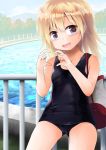  1girl bag blonde_hair blue_eyes fujisaka_lyric heart heart_hands original school_swimsuit short_hair sitting swimsuit 