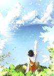  absurdres backpack bag bird black_hair cliff clouds highres horizon leaf light_particles looking_afar ocean original outstretched_arm scenery short_hair silhouette sitting sky solo tendo_(zhazhatiantong) wind 