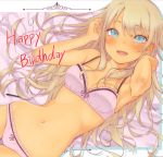  1girl :d alessandra_susu blonde_hair blue_eyes blush bra breasts cleavage dark_skin happy_birthday highres long_hair lying mashimaru_(muzikluva) navel on_back open_mouth panties smile solo tokyo_7th_sisters underwear underwear_only white_bra white_panties 