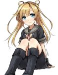  1girl abukuma_(kantai_collection) bangs bike_shorts blonde_hair blue_eyes boots breasts buttons don_(29219) double_bun hair_between_eyes hair_rings kantai_collection knee_boots long_hair looking_at_viewer remodel_(kantai_collection) school_uniform serafuku short_sleeves shorts_under_skirt simple_background sitting skirt smile solo twintails twitter_username white_background 