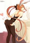  1girl ;d absurdres animal_ears ass ass_grab bare_shoulders black_legwear blush bunny_girl bunny_tail bunnysuit clarisse_(granblue_fantasy) granblue_fantasy green_eyes hair_ribbon heart highres long_hair looking_at_viewer looking_back one_eye_closed open_mouth orange_hair pantyhose ponytail rabbit_ears ribbon smile solo tail very_long_hair wrist_cuffs yatsuka_(846) 