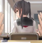  1girl 2boys apologizing bag black_hair black_skirt blurry blush bra_strap brown_eyes chalkboard classroom depth_of_field desk eraser eto from_behind highres long_hair looking_at_viewer multiple_boys original school_bag school_uniform serafuku sitting skirt solo_focus teacher twintails 