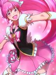  1girl :d aino_megumi bow brooch cure_lovely female happinesscharge_precure! happy jewelry long_hair magical_girl nyaasora open_mouth outstretched_arms pink pink_background pink_bow pink_eyes pink_hair pink_skirt ponytail precure skirt smile solo spread_arms thigh-highs white_legwear 