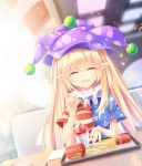  1girl american_flag_shirt blonde_hair clownpiece food french_fries hamburger hat jester_cap long_hair open_mouth pointy_ears smile solo touhou very_long_hair z.o.b 