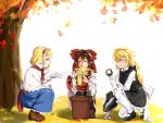  3girls :q ^_^ alice_margatroid autumn_leaves black_legwear blonde_hair blue_eyes blush bonfire boots bow bowtie braid breasts brown_hair capelet closed_eyes detached_sleeves dress fan fanning fish food glint grilling hair_bow hair_ribbon hair_tubes hairband hakurei_reimu hat hat_removed headwear_removed highres kirisame_marisa large_bow licking_lips loafers lolita_hairband long_hair mary_janes mini-hakkero multiple_girls nervous_smile pantyhose paper_fan ribbon scarf shoes short_hair single_braid sparkle sweatdrop tendo_(zhazhatiantong) tongue tongue_out touhou white_legwear witch_hat yellow_eyes yin_yang 