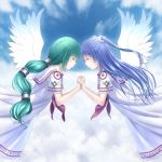  2girls angel_wings blue_hair closed_eyes green_hair holding_hands long_hair multiple_girls original taka_(tsmix) wings 