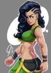  1girl ass asymmetrical_hair back black_hair breasts brown_eyes christopher_boxill clenched_hands cornrows crop_top dark_skin eyebrows front-tie_top highres laura_matsuda lips long_hair looking_back midriff muscle nose solo street_fighter street_fighter_v thick_eyebrows wavy_hair 