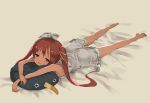  1girl bare_shoulders barefoot blush brown_eyes brown_hair dress failure_penguin fang hair_ribbon hat kantai_collection libeccio_(kantai_collection) long_hair lying natsuhiko open_mouth ribbon sailor_dress simple_background sleeveless smile solo twintails 