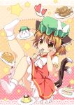  1girl animal_ears bow brown_eyes brown_hair cake cat_ears cat_tail chen ear_piercing food fork hand_on_own_cheek hat hat_bow heart ips_cells jewelry leg_up mob_cap multiple_tails nekomata pancake panties pantyshot pantyshot_(sitting) piercing pila-pela plate pudding puffy_short_sleeves puffy_sleeves shirt short_sleeves single_earring sitting skirt skirt_set solo spoken_heart star tail touhou underwear vest white_panties 