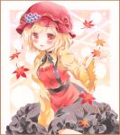  1girl aki_minoriko autumn_leaves blonde_hair blush colored_pencil_(medium) food frilled_skirt frills fruit grapes hat juliet_sleeves layered_dress leaf leaning_forward long_sleeves looking_at_viewer maple_leaf marker_(medium) mob_cap neck_ribbon open_hand open_mouth potto_(minntochan) puffy_sleeves red_background red_eyes ribbon sample short_hair skirt smile solo touhou traditional_media 