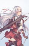  1girl antiqq arrow bow_(weapon) brown_eyes gloves hairband highres japanese_clothes kantai_collection long_hair quiver remodel_(kantai_collection) shoukaku_(kantai_collection) silver_hair smile weapon 