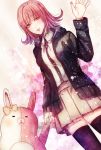  1girl black_legwear bow dangan_ronpa flipped_hair hair_bow holding_hands hooded_jacket monomi_(dangan_ronpa) nanami_chiaki pink_eyes pink_hair short_hair skirt smile solo super_dangan_ronpa_2 thigh-highs waving z-epto_(chat-noir86) 