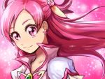  1girl brooch cure_dream earrings hair_rings jewelry light_particles long_hair magical_girl nyaasora pink_background pink_eyes pink_hair precure smile solo upper_body yes!_precure_5 yes!_precure_5_gogo! yumehara_nozomi 