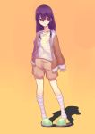  1girl full_body highres looking_at_viewer original parted_lips purple_hair seinen shirt shorts slippers solo standing striped striped_shirt violet_eyes 