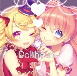  2girls ai_(otoca_doll) blonde_hair blue_eyes bow drill_hair earrings gloves hair_bow hat heart heart_hands heart_hands_duo hitohira_(shiroringo48) jewelry long_hair luciko_(otoca_doll) multiple_girls one_eye_closed otoca_doll pink_hair red_bow red_gloves short_hair smile top_hat upper_body yellow_eyes 