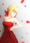  1girl absurdres ahoge blonde_hair breasts cleavage dress fate/extra fate/stay_night fate_(series) highres large_breasts petals red_dress ribbon saber_extra short_hair solo strapless_dress zeroasann 
