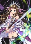  1girl bare_shoulders blue_eyes empew long_hair million_chain smile solo sword weapon 