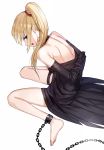  1girl arms_behind_back blonde_hair blue_eyes bound_ankles bound_arms chain dress elf kfr open-back_dress original pointy_ears ponytail solo 