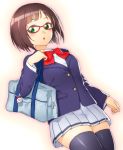  1girl breasts brown_hair glasses green_eyes idolmaster idolmaster_cinderella_girls looking_at_viewer maekawa_miku onsoku_maru school_uniform short_hair solo thigh-highs 